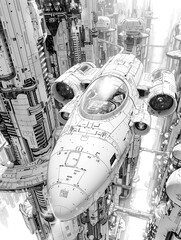Aircraft in the Future city coloring page in cartoon style. Futuristic airplane and buildings illustration in hand drawing sketch coloring book.