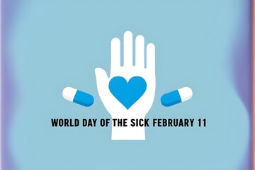 Fototapeta premium A serene light blue design for World Day of the Sick on February 11, featuring a white hand silhouette holding a blue heart and two pills, symbolizing care and health.