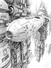 Aircraft in the Future city coloring page in cartoon style. Futuristic airplane and buildings illustration in hand drawing sketch coloring book.