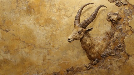 A realistic depiction of a goat's head emerging from a textured wall.