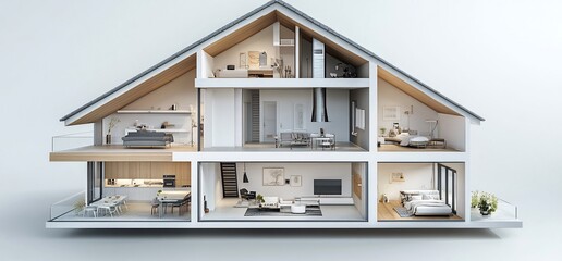 A modern cutaway house design showcasing interior spaces and layout.