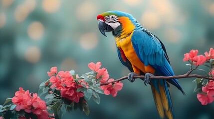 A colorful parrot perched on a branch in front of a pink flower