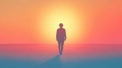 Fototapeta premium Person Walking into the Sunset with Soft Glowing Light