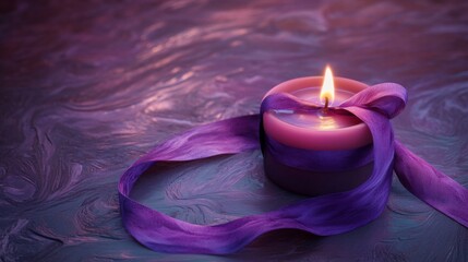 A Purple Candle Lit with a Ribbon