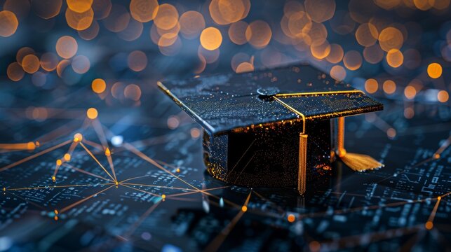 Illuminated graduation cap above network grid  symbolizing the transformative power of education
