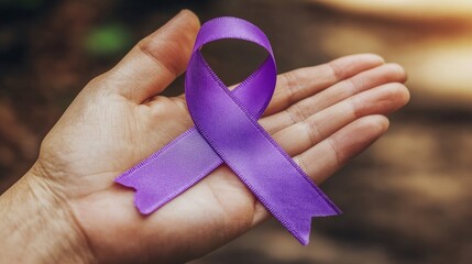 A Purple Ribbon Of Hope Rests Gently In A Hand