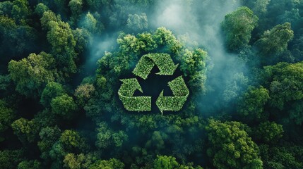 Sustainable Action Green Jungle Recycle Symbol Lush Forest Aerial View Eco-Friendly Concept
