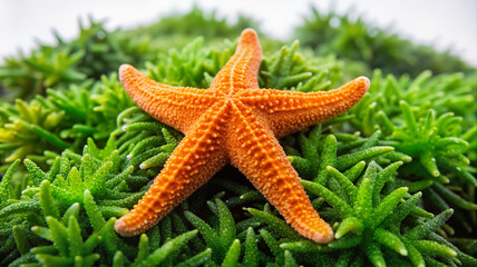 Orange starfish resting on vibrant green underwater moss