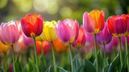 Obraz premium Vibrant tulips bloom in colorful springtime garden.