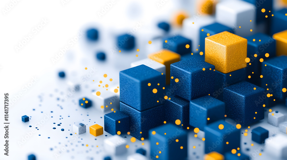 Poster A vibrant arrangement of colorful 3D cubes creating a dynamic visual with shades of blue, yellow, and white on a soft background
