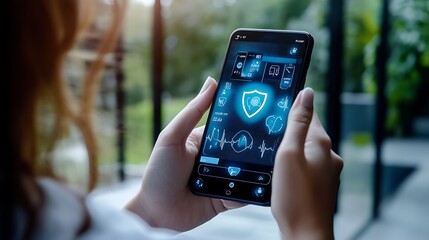 A person holding a smartphone with a secure health app interface, displaying personal medical information with a privacy shield logo 