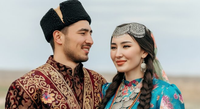Traditional central asian couple in cultural attire outdoors