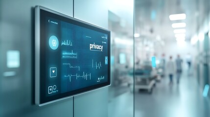 A digital display showing encrypted health data and a “privacy” alert on a modern hospital monitor, illustrating the importance of secure medical information 