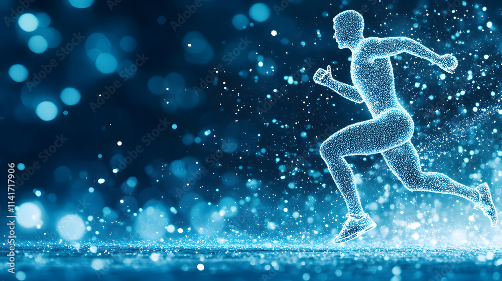 Poster a digital figure runs through a blue, sparkling environment, symbolizing speed, movement, and energy
