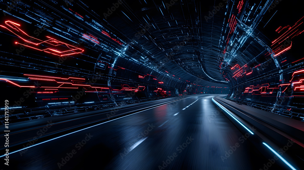 Poster a futuristic tunnel with vibrant blue and red lights, creating a sense of motion and speed, evoking 