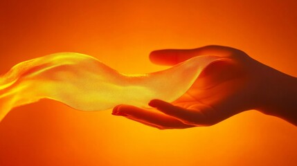 A Hand Gently Holds Glowing Orange Fabric