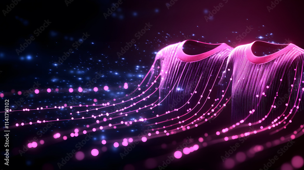 Poster A vibrant display of flowing pink and blue light particles, creating a mesmerizing wave-like pattern against a dark backdrop