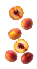 Fresh peaches falling in water isolated on transparent background