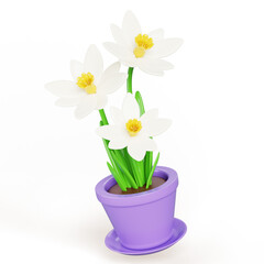 3d daffodil flower in pot. Narcissus bouquet, house plant in flowerpot for gift or home interior decor. Floral bunch with green leaf and blossom isolated on white background render. 3D illustration