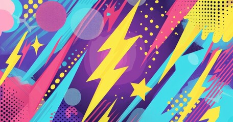 Fototapeta premium A vibrant graphic design featuring colorful lightning bolts and abstract shapes on a dark background.