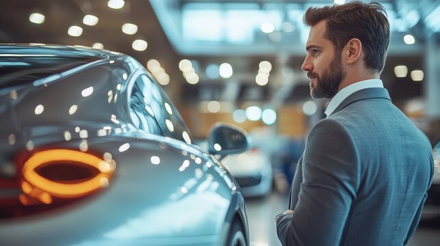 In a luxurious car showroom, a well-dressed man stands thoughtfully, gazing at a shiny sports car, surrounded by an ambiance of elegance and sophistication that enhances the experience