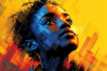 A thoughtful Black woman gazes upward, illuminated by vibrant hues of yellow, blue, and orange, reflecting dreams and aspirations.
