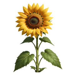 Fototapeta premium Sunflower in full bloom with vibrant green leaves and a long stem, isolated on a transparent background, ideal for nature inspired designs