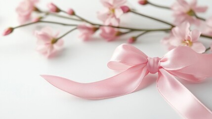 Fototapeta premium Pink Ribbon Bow Beside Delicate Pink Flowers