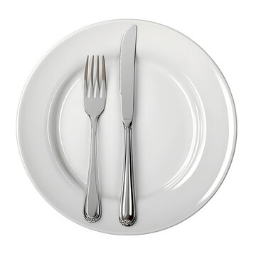 White plate with fork and knife isolated on transparent background