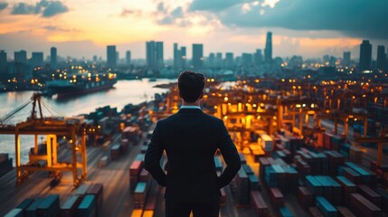 Obraz premium A suited individual stands confidently at a cargo port, overlooking a vibrant cityscape bathed in sunset hues. The scene captures the essence of commerce and ambition