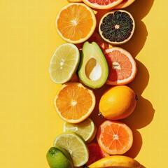 Fototapeta premium Tropical Fruit Display Clean Yellow Layout Aesthetic Food Photography Minimalist Design Top View Freshness Concept
