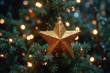 Glittering Gold Star Ornament on a Christmas Tree- christmas tree with stars