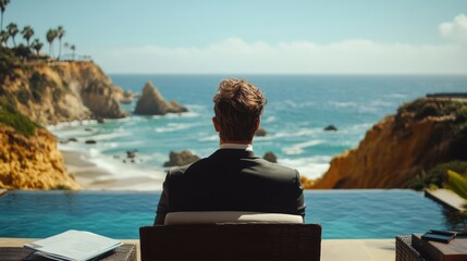 Fototapeta premium Dressed in a sharp suit, a man relaxes by an infinity pool, gazing out at the expansive ocean and dramatic cliffs, lost in thought amidst the tranquil beauty of nature