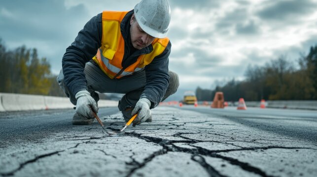 A road worker examines cracks in the pavement, ensuring safety and maintenance on a cloudy day.
