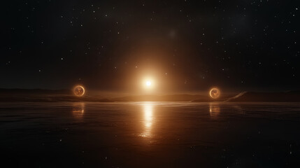 Glowing celestial bodies illuminate the sky over a tranquil ocean at night