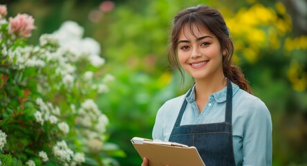 Fototapeta premium A woman in a denim apron smiles while holding a notepad in a vibrant garden