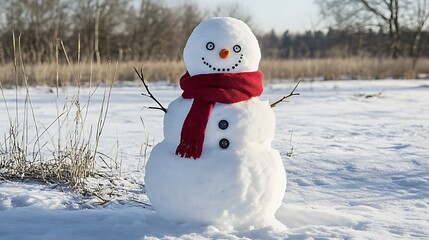 Obraz premium Snowman with Red Scarf and Button Eyes in Winter Landscape