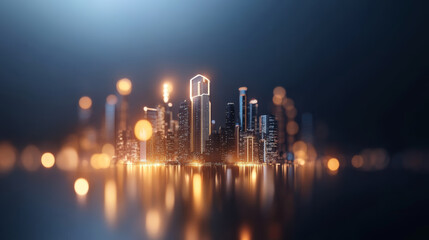 Fototapeta premium City skyline illuminated at night with glowing lights reflecting on water in a modern urban environment
