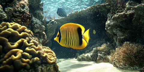 Vibrant Yellow Fish Swimming Among Coral Reefs in an Underwater Scene of a Tropical Ocean Environment
