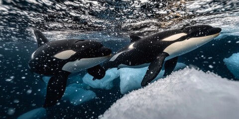 Naklejka premium Dynamic Underwater Encounter with Orcas Amidst Icebergs in Arctic Waters Captured in Stunning Detail