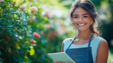 Fototapeta premium A confident woman in a denim apron smiles while holding a notepad