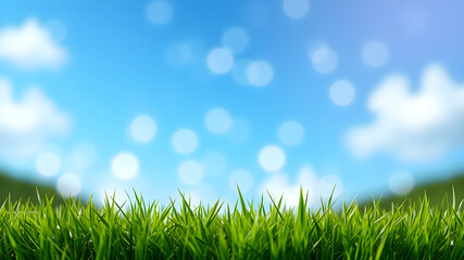 Obraz premium A vibrant green grass in the foreground with a bright blue sky and white clouds in the background