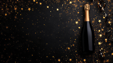 A champagne bottle on a blurred background.