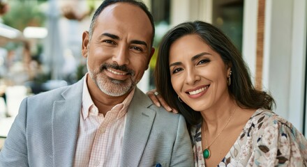 Obraz premium Happy hispanic couple enjoying a day outdoors in urban setting