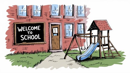 Obraz premium Welcome to School Playground Building and Swing Set