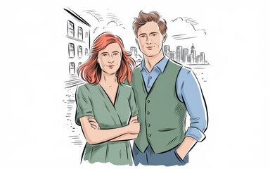 A stylish couple stands in a city setting