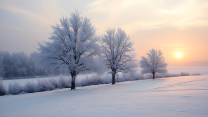 A serene winter landscape with snow-covered trees and a beautiful sunrise