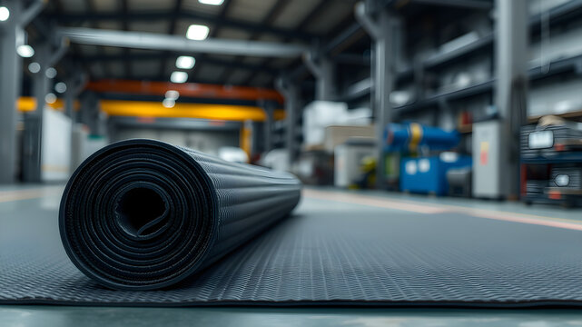 A large roll of black rubber matting sits on a factory floor, ready for installation