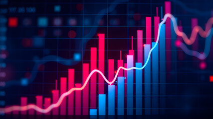 A vibrant graph with a rising trendline superimposed over a bustling cityscape at night