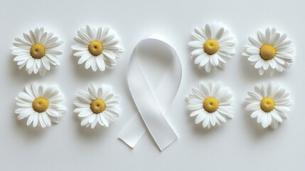 Obraz premium White Ribbon and Daisies Symbolize Awareness and Hope